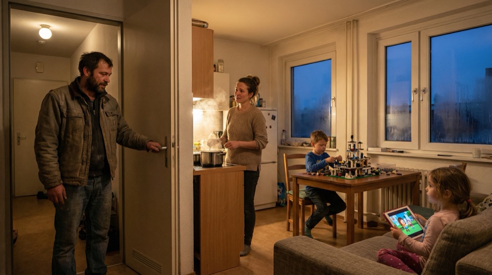 Tomasz en la entrada de un cálido apartamento Plattenbau, dos niños visibles en la sala de estar, su esposa Agnieszka en la estufa girándose a mirarlo, vapor subiendo de una olla de sopa