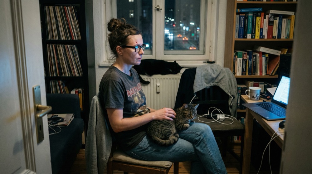 El pequeño apartamento de Katja de noche, laptop brillando en el escritorio, un gato durmiendo en el radiador, discos de vinilo en estantes, la luz azul de la pantalla iluminando su cara mientras escribe