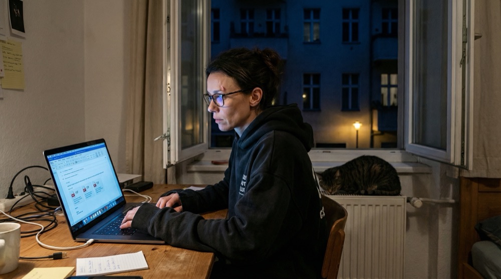 Katja en su pequeño escritorio de casa por la noche, la pantalla del laptop proyecta luz azul sobre su rostro, borrador de email visible, el gato Turing dormido en el radiador detrás de ella, ventana abierta mostrando el patio tranquilo de Kreuzberg