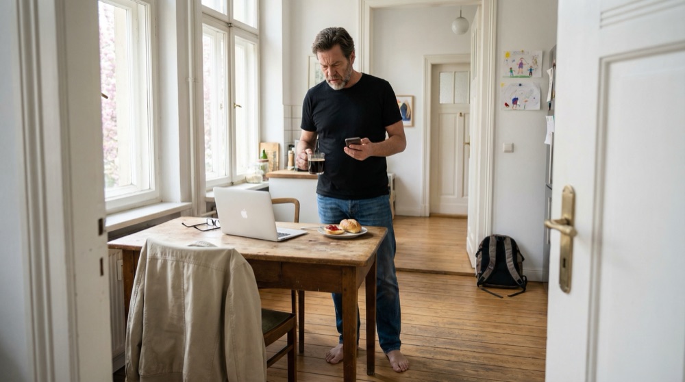 Stefan en una mesa de cocina en un apartamento luminoso de Wilmersdorf, luz matinal a través de ventanas altas, MacBook abierto, café negro y un Brötchen a medio comer en un plato, mochila de adolescente junto a la puerta