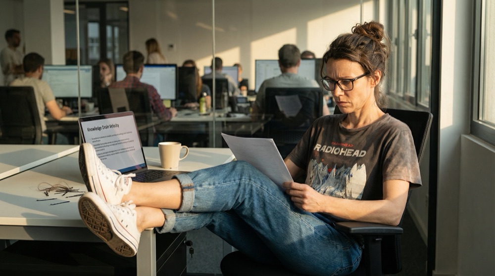 Katja Muller leyendo una sintesis de evidencia en la oficina
