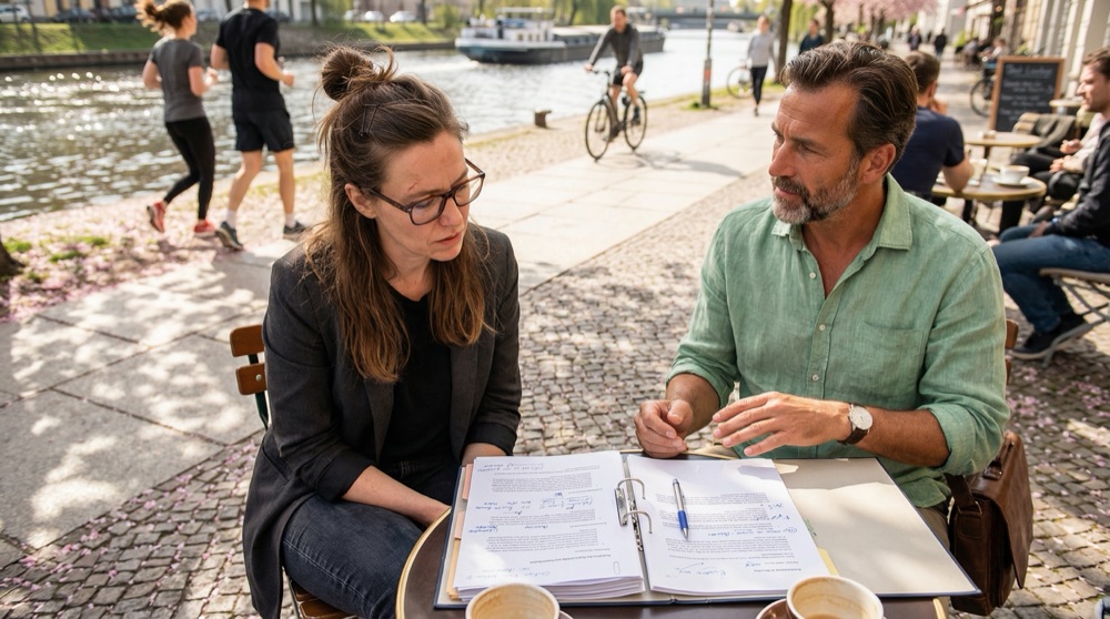 Stefan y Katja sentados en una mesa pequeña al aire libre en Paul-Lincke-Ufer, agua del canal brillando detrás de ellos, impresiones anotadas desplegadas entre dos tazas de café, pétalos de cerezo en los adoquines