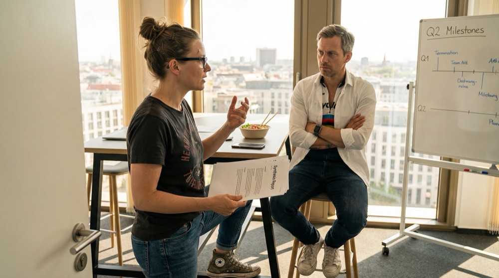 Katja de pie frente al escritorio de Lukas, gesticulando mientras habla, Lukas sentado en su taburete de escritorio con jersey de ciclismo visible bajo su camisa, brazos cruzados, sol de la tarde a través de ventanas de piso a techo, pizarra con hitos de Q2 detrás de él