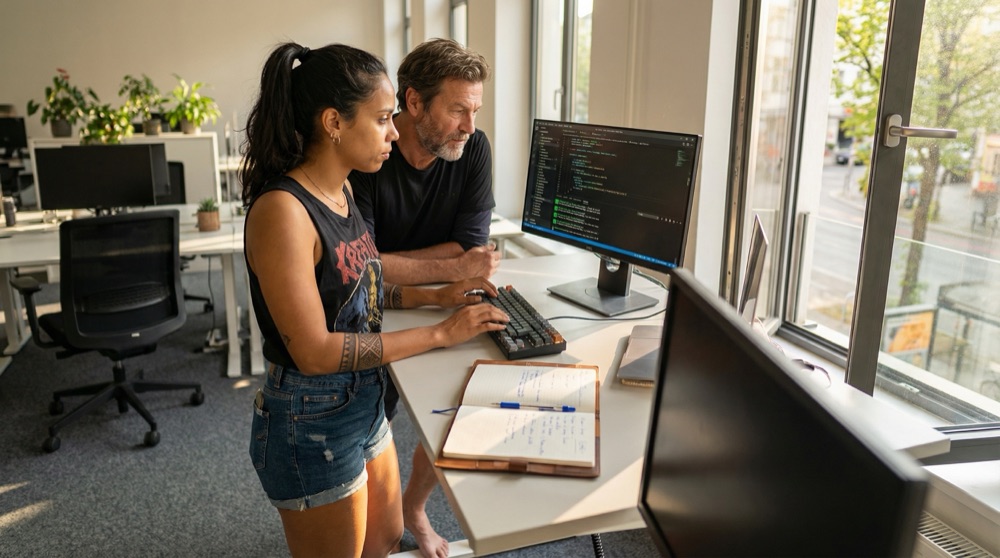 Stefan y Mariana haciendo pair programming en su escritorio de pie al final de la tarde