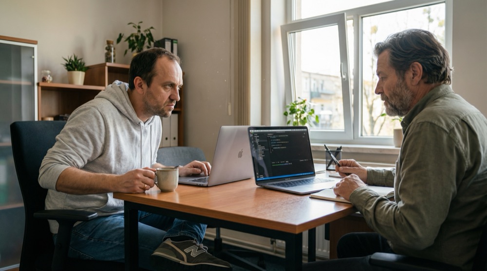Tomasz y Stefan en un escritorio iniciando la documentación de arquitectura y despliegue