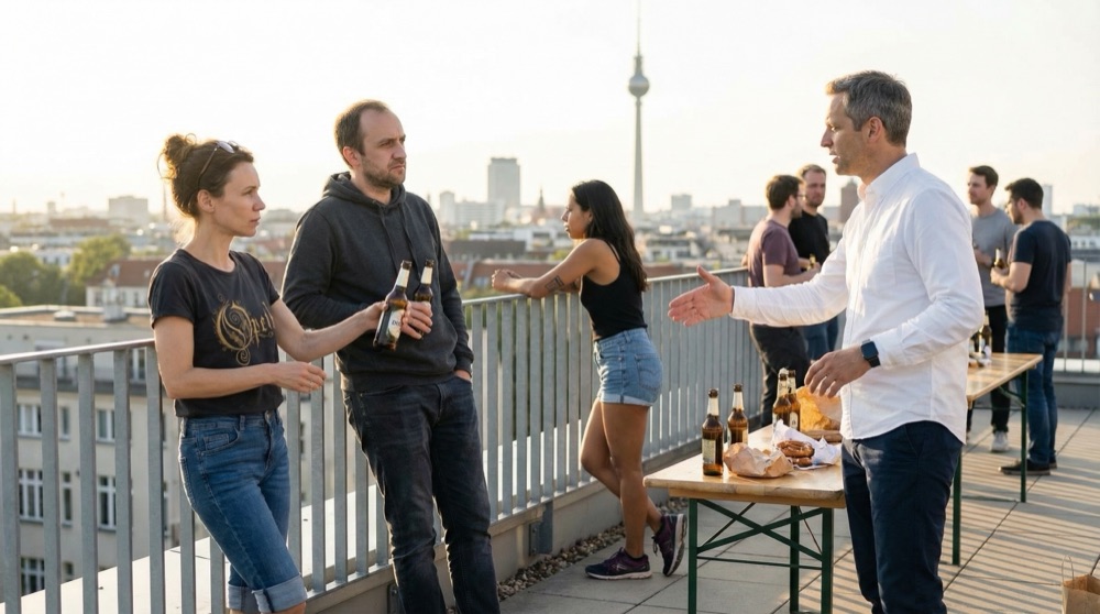 Despedida en la azotea de Kreuzberg, Tomasz de pie aparte en su hoodie gris al atardecer