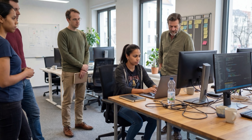 Mariana en su escritorio de pie mientras el equipo de backend observa cómo el primer PR pequeño pasa por CI