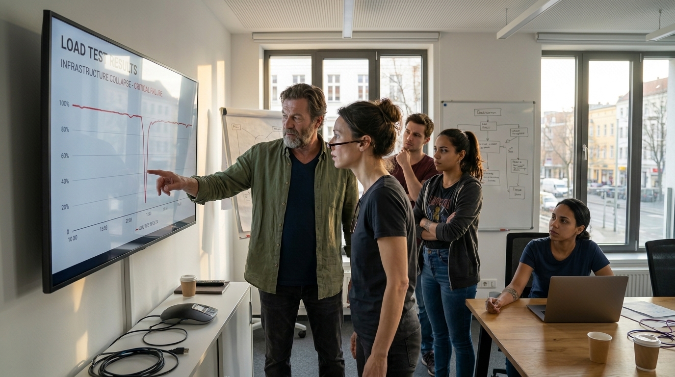 Katja, Stefan y un pequeño grupo de desarrolladores observan los resultados de las pruebas de carga en una pantalla de pared mientras el gráfico de la infraestructura colapsa.