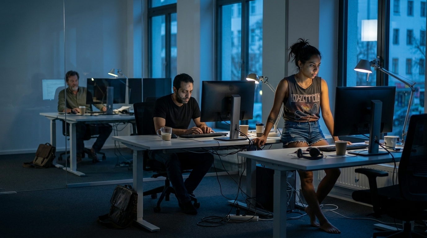 Hassan y Mariana trabajan hasta tarde en sus escritorios mientras Stefan los observa a través de la pared de cristal; la oficina está casi a oscuras, a excepción del piso de desarrollo que sigue iluminado.