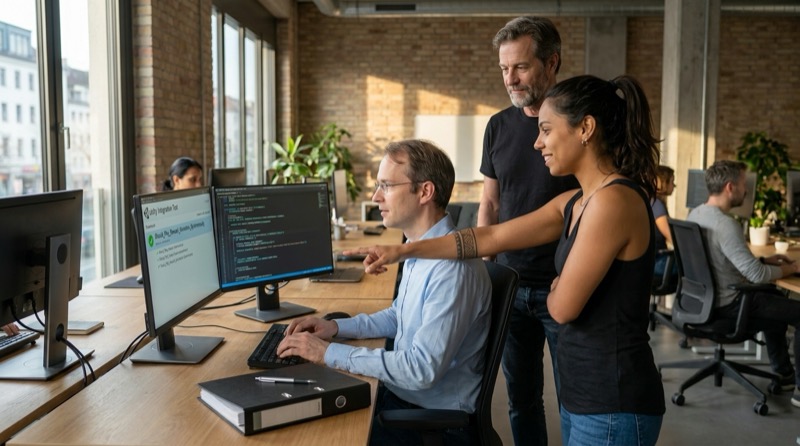 Daniel Schmidt teclea en el teclado mientras Mariana Santos señala una prueba de integración de Unity en la pantalla y Stefan Richter observa detrás de ambos en el escritorio de Daniel.