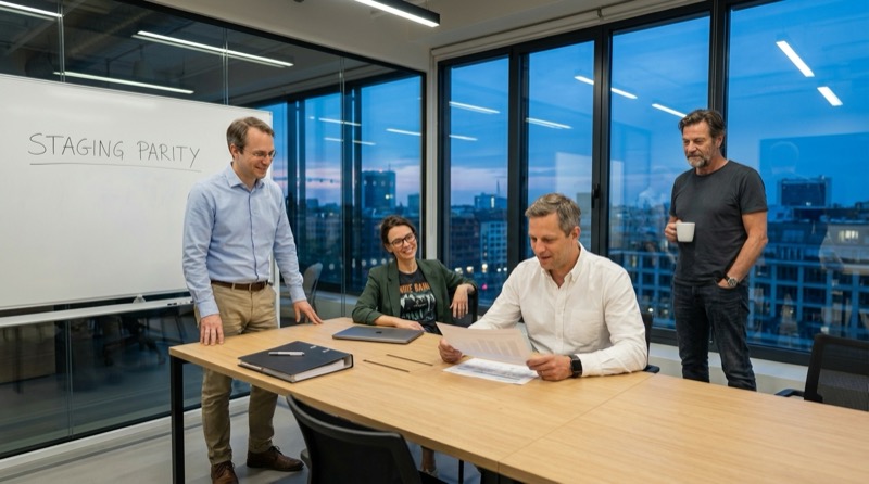 Lukas Weber y Katja Müller revisan el informe de la pipeline en verde en la mesa de conferencias mientras Daniel Schmidt está cerca sonriendo y Stefan Richter observa desde la ventana al atardecer.