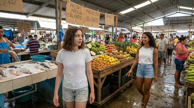 Mercado de Chepo — fruta tropical, pescado sobre hielo y Sophie absorbiendo la vida sensorial del mercado.