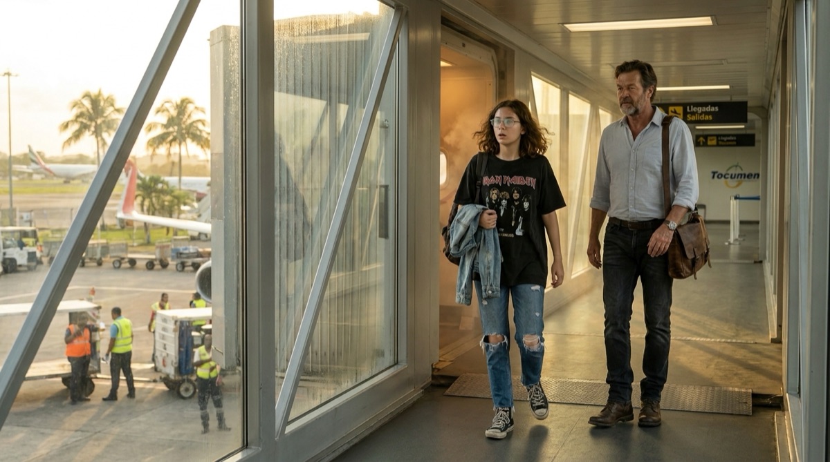 Sophie y Stefan saliendo del avión en el Aeropuerto Internacional de Tocumen, en Ciudad de Panamá, con luz tropical cálida, cristales empañados, personal de tierra y el primer golpe del calor fuera de la pasarela.