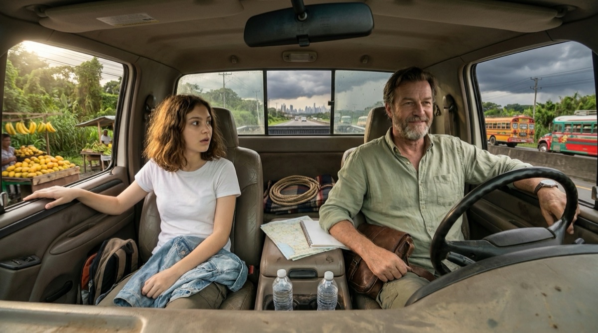 Sophie y Stefan dentro de la camioneta, saliendo de Tocumen hacia Chepo por la Interamericana, con calor húmedo, los bordes de la ciudad desapareciendo y la cabina enmarcando la carretera al este.