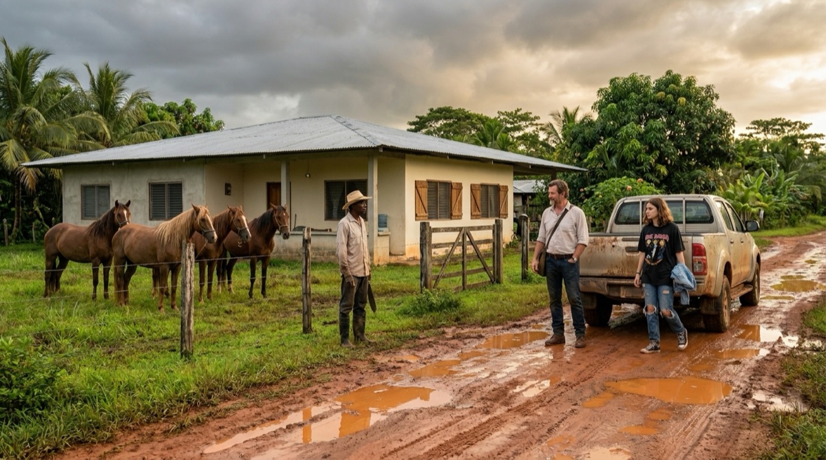La camioneta de Stefan llega a la finca al final de un camino de barro rojo cerca de Chepo, con la casa, la cerca, el suelo mojado y el primer umbral hacia su vida en Panamá.