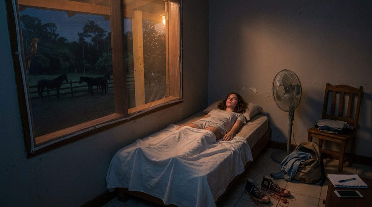 La primera noche de Sophie en la finca de Stefan: despierta en un cuarto pequeño y caluroso mientras la oscuridad tropical y las formas lejanas al otro lado de la ventana hacen que la noche se sienta cercana e inquietante.