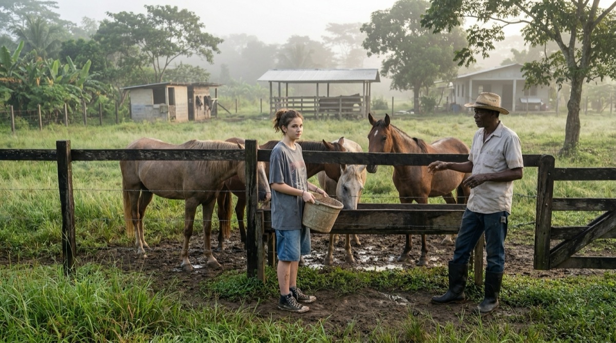 Dawn at the pasture fence near Stefan's finca by Chepo, where Sophie joins Esteban's morning horse routine in cool mist and wet grass.