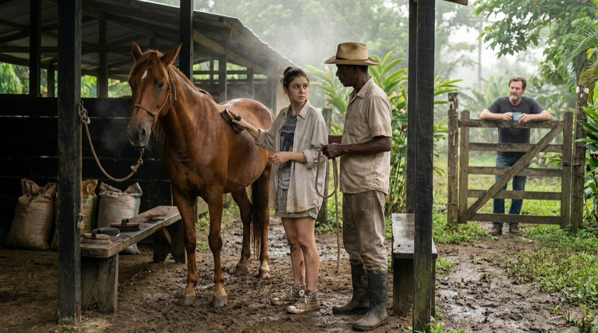 Early morning feeding and grooming at the finca, where Sophie mirrors Esteban's careful rhythm beside a Peruvian Paso mare while Stefan watches from the gate.
