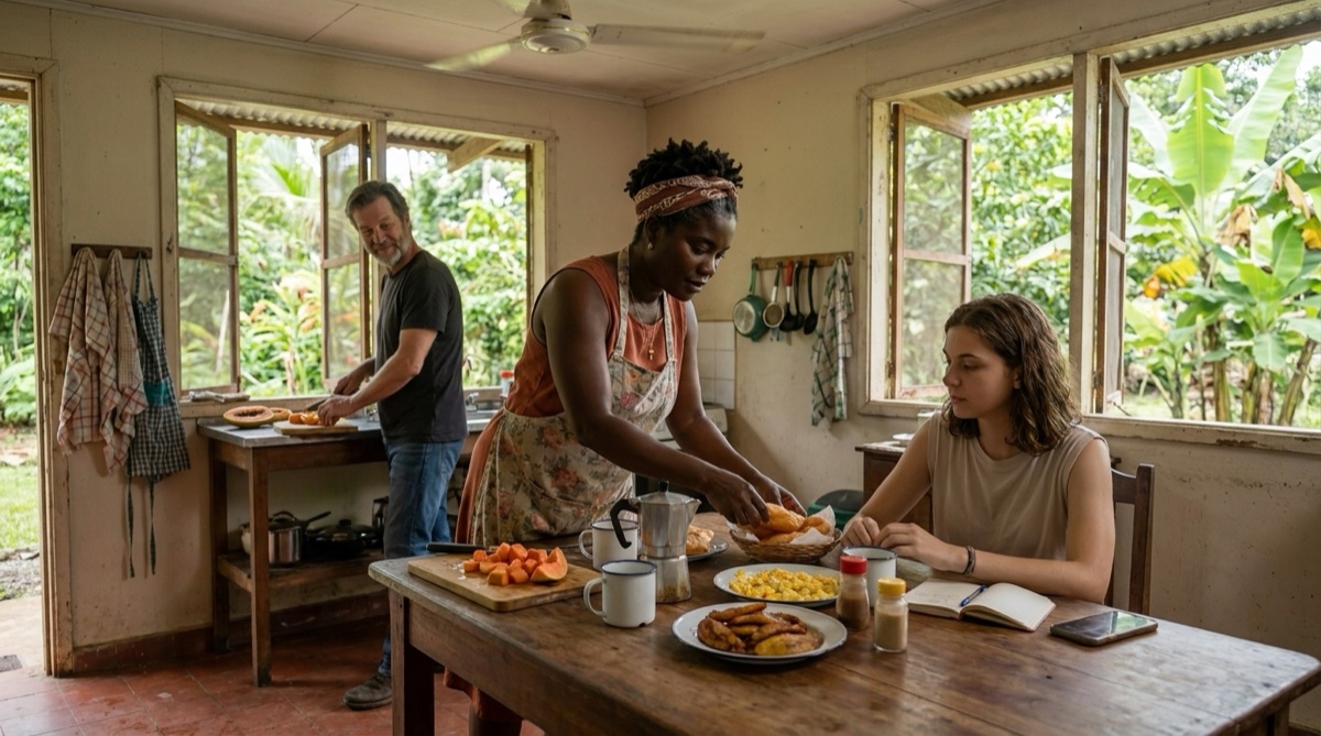 Mid-morning in Rosa Ibargüen's kitchen at the finca, where Sophie sits at the table while Rosa runs the house and Stefan cuts fruit at the counter.