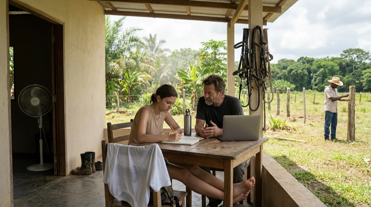 Late morning heat at the finca terrace where Sophie maps horse routines while Stefan points toward the pasture and Esteban works the fence line.