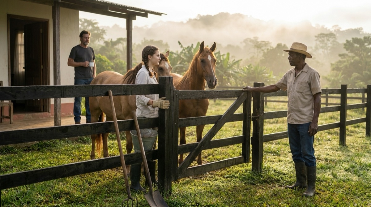 Second dawn at the pasture fence where Sophie arrives prepared and steady, while Esteban opens the gate and Stefan watches from the terrace.