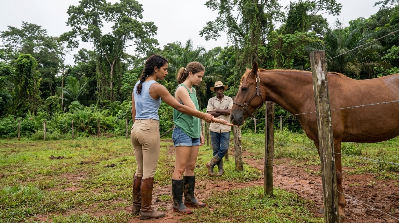 Valentina guides Sophie's open palm toward Reina's muzzle at the edge of the rainforest paddock near Chepo, while Esteban watches from a few steps back, arms crossed.
