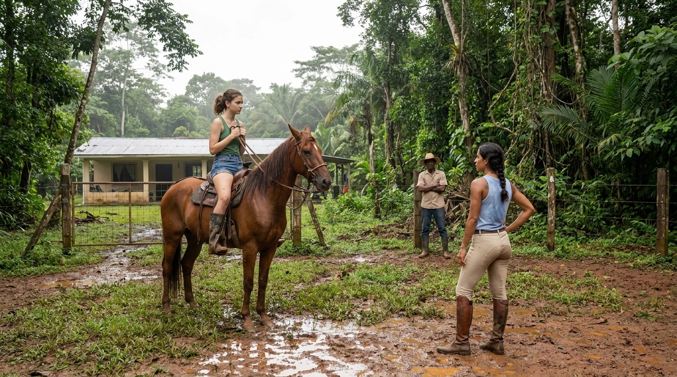 Sophie sits on Reina in the red-mud paddock during her first riding lesson, Valentina standing below her with hands on hips giving instruction, Esteban watching from behind with arms crossed, the finca house and towering rainforest visible behind them.
