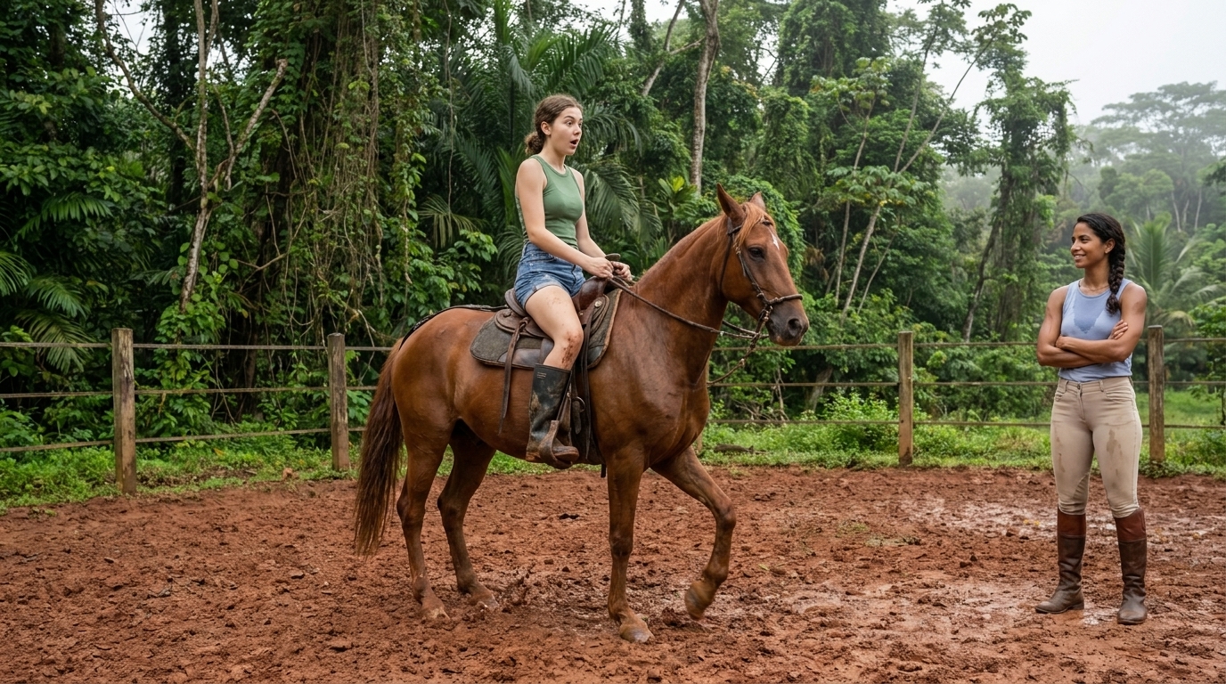 Sophie wide-eyed on Reina mid-paso llano, saddle horn in hand, body oddly still — Valentina watches with arms crossed and a small satisfied smile, the red laterite paddock and rainforest wall behind them.