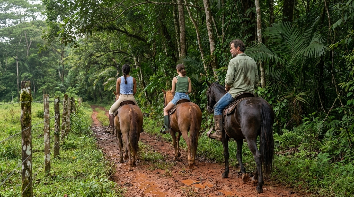 Three riders single file along the red laterite fence track at the forest edge — Valentina leading, Sophie on Reina in the middle sitting straighter than the first day, Stefan on Moro at the rear, upright and slightly calculating, the rainforest wall rising close on one side and the cleared finca land open on the other.