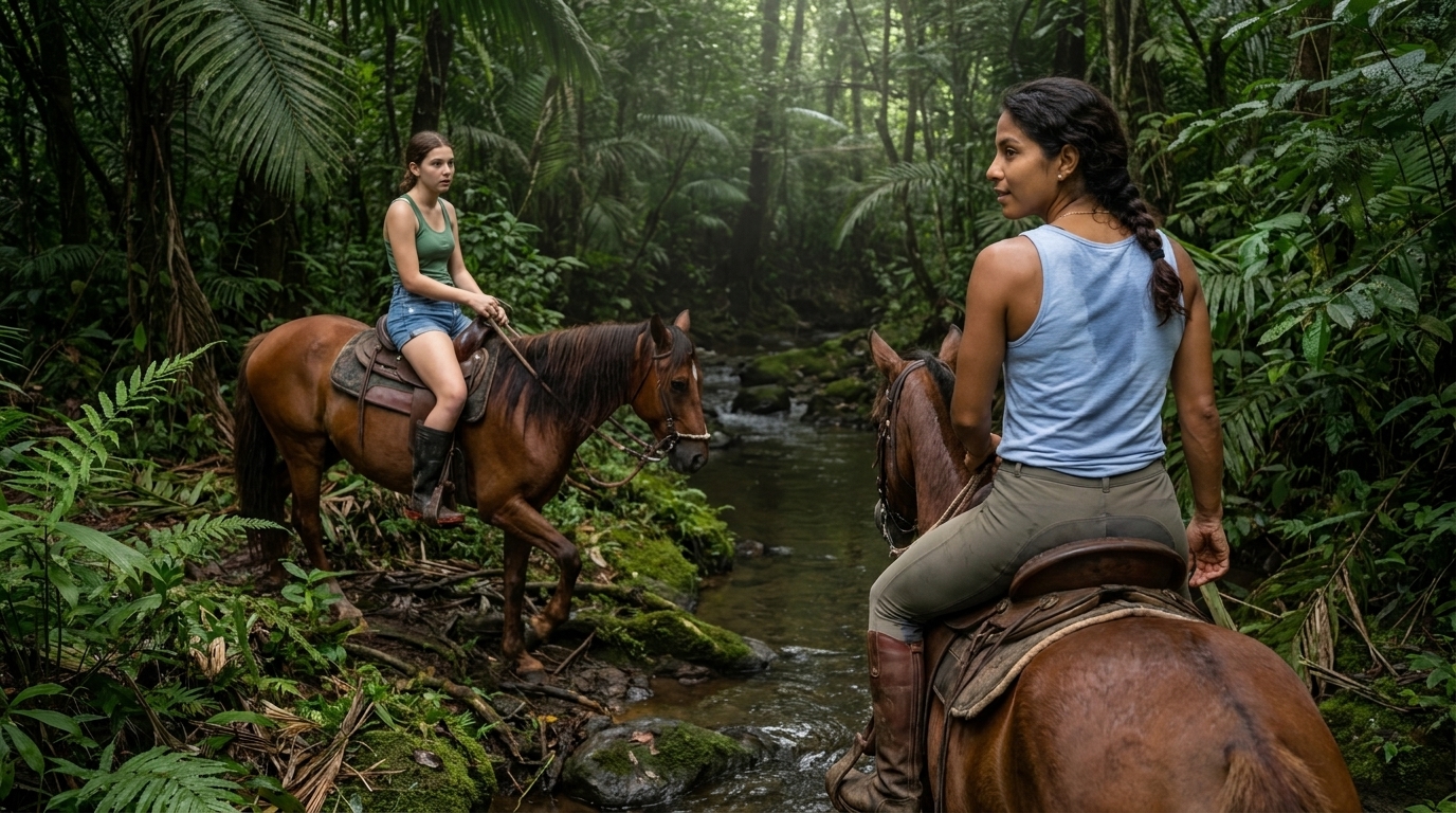 Sophie on Reina at the forest creek crossing, Valentina on her horse in the foreground checking back over her shoulder, the rainforest canopy completely closed overhead, mossy rocks and dark water below, ferns and palm fronds pressing in from every side.