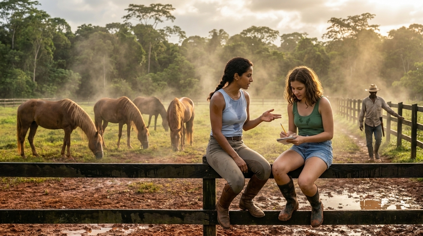 Valentina and Sophie sitting on the fence rail after the rain, Sophie writing in her notebook while Valentina gestures toward the Peruvian Pasos grazing in the post-rain steam behind them, Esteban walking the far fence line, the rainforest canopy glowing gold above the paddock.