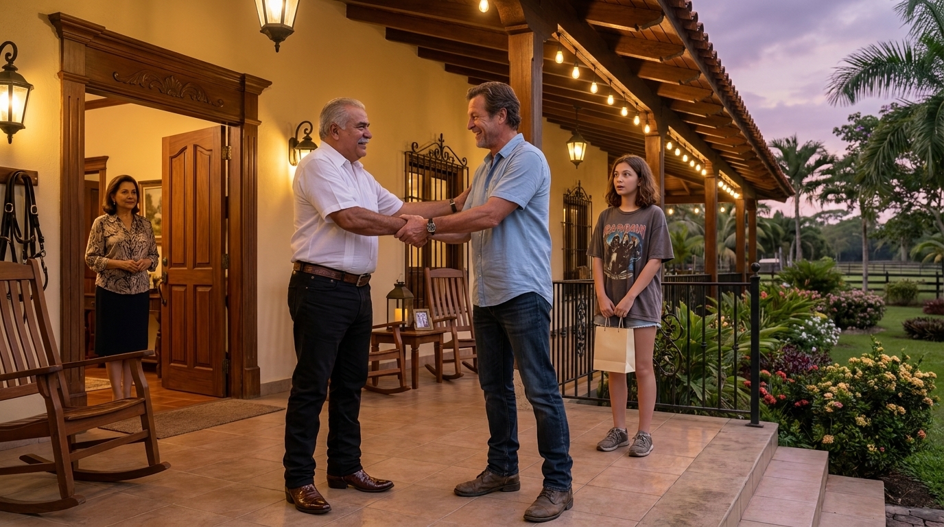 Don Ricardo and Papa shaking hands on the veranda steps, both grinning — Sophie stands slightly behind holding a small gift bag, looking around at the rocking chairs and garden, while Doña Carmen watches from the open doorway. Edison bulbs overhead, palms and purple dusk sky behind.