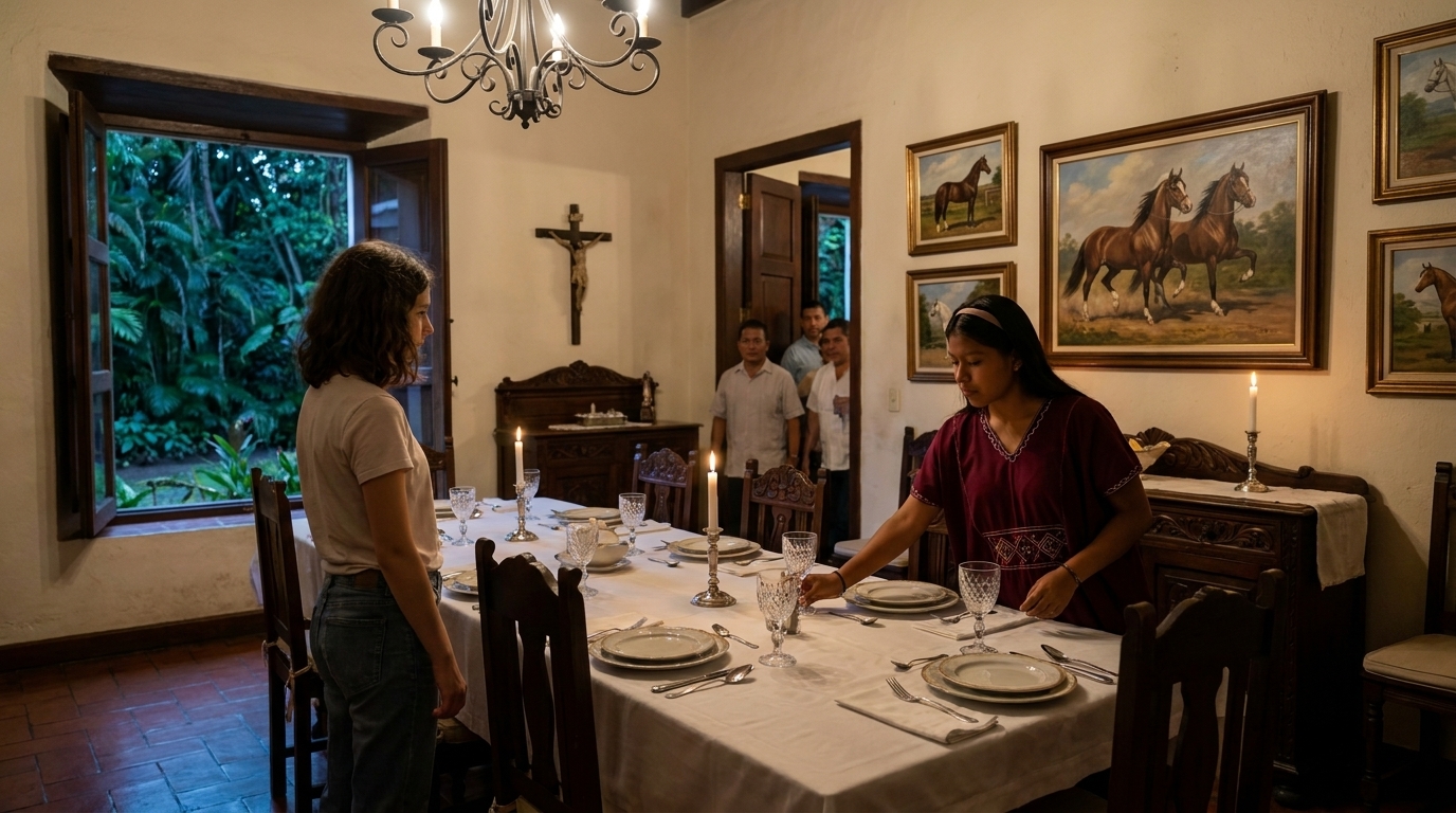 The Sánchez dining room: Sophie stands at the open window looking at horse paintings on the wall while Yariela, in her wine-red nagua with geometric embroidered bands, sets the last place at the candlelit table. Crystal glasses, white linen, wrought-iron chandelier above, dark garden visible outside.