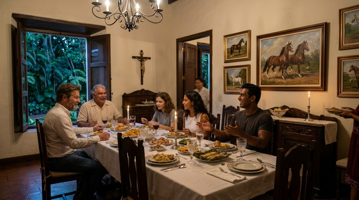 The Sánchez dinner table in full — Don Ricardo at the head, Doña Carmen at the foot, Papa and Sophie on one side, Valentina and Mateo across, laughter and gesturing hands, ceviche and tamales in banana leaves, chandelier overhead, and just visible in the background Yariela mid-passage through the kitchen door, the wine-red geometric hem of her nagua showing below the frame.