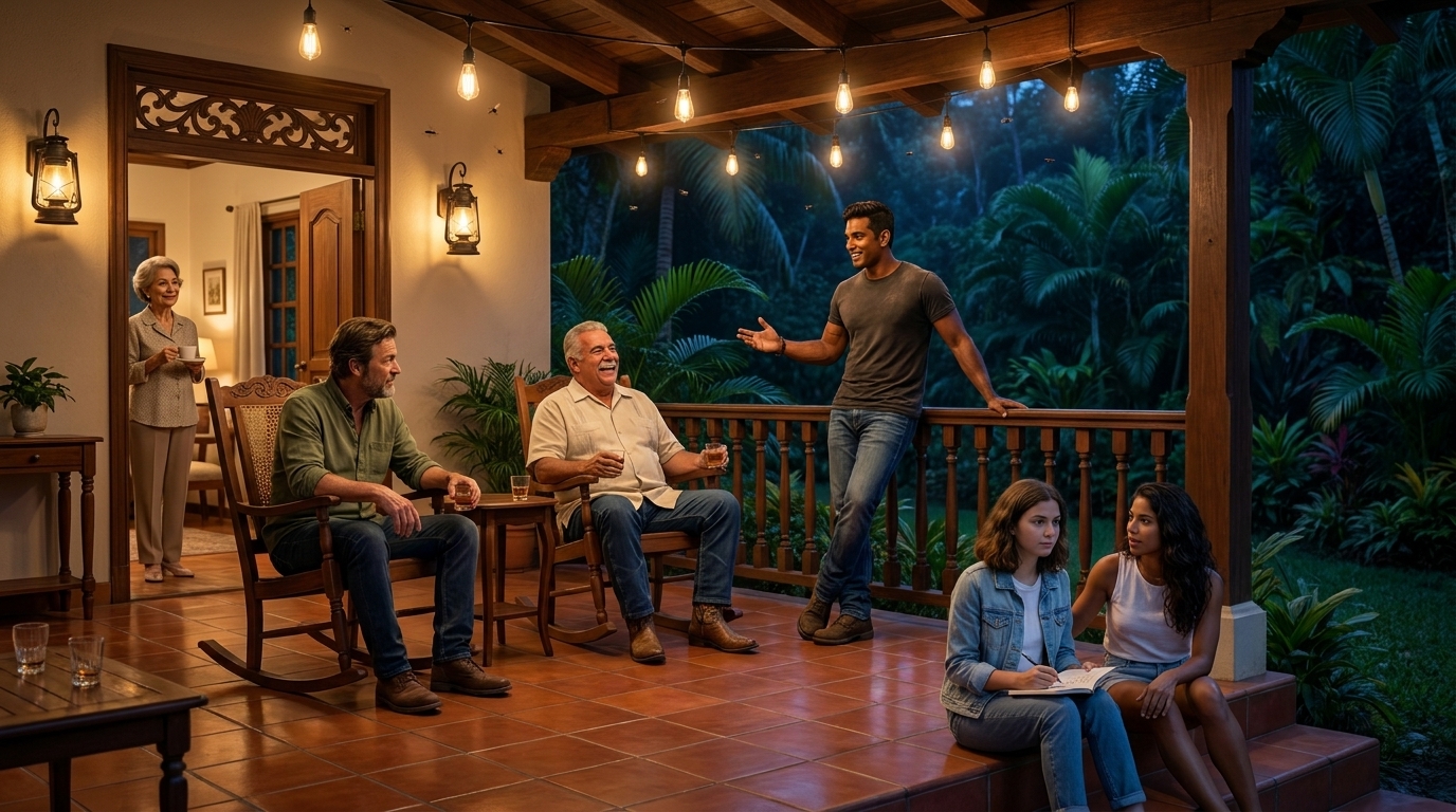 The veranda after dinner — Papa and Don Ricardo in rocking chairs with glasses of aguardiente, Mateo standing at the railing mid-story, the dark tropical garden beyond and Edison bulbs overhead with insects. Sophie on the steps writing in her notebook, Valentina sitting beside her. Doña Carmen just inside the open doorway with a coffee cup, watching.
