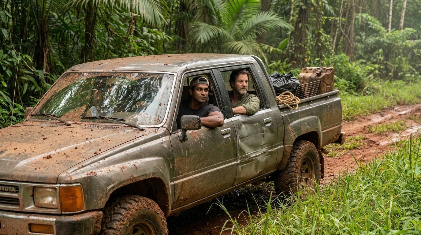 Mateo at the wheel of his mud-caked Toyota, backwards cap, arm resting on the open door, Papa beside him in the passenger seat — the truck deep in red mud on a jungle track, forest pressing in from both sides, rope and fuel canisters in the truck bed behind them.