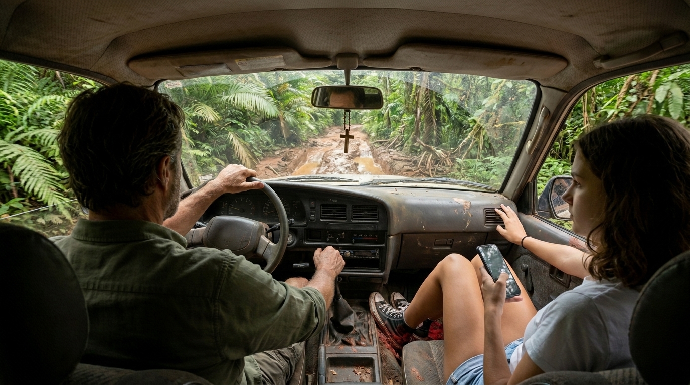 Inside Mateo's truck from the back seat — Mateo driving, Valentina in the passenger seat reading her phone, Sophie's mud-caked Converse up on the dash. Through the windshield the track narrows into deep red-clay ruts, enormous ferns pressing in from both sides, a wooden cross hanging from the mirror.