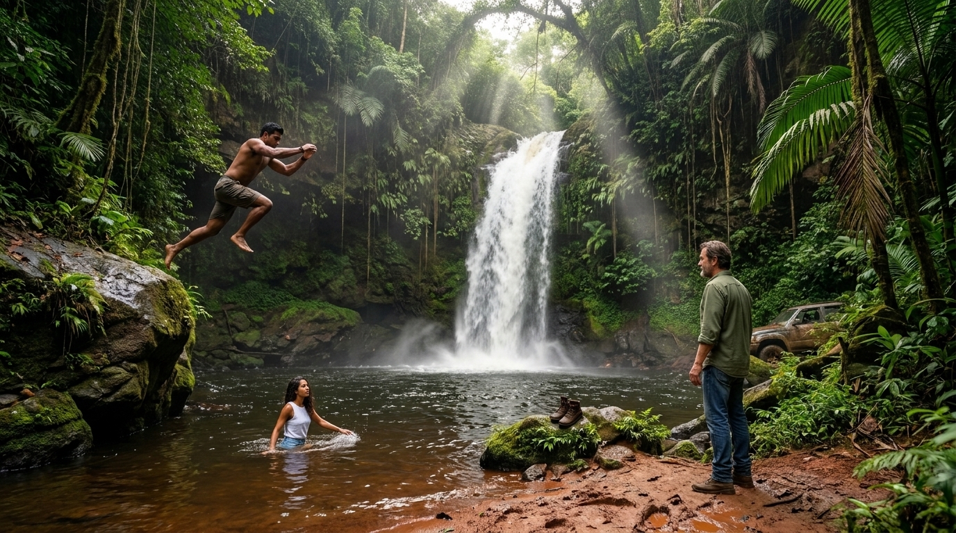 The jungle waterfall clearing: Mateo mid-jump from the rock ledge in shorts, Valentina already waist-deep in the dark pool below, Papa standing at the water's edge in jeans watching with hands at his sides. The waterfall drops white and violent behind them, jungle canopy overhead letting shafts of mist-filtered light through, the truck just visible at the treeline.