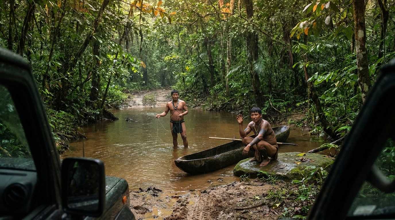 Seen from the truck window: two Emberá men on the creek — one standing knee-deep in brown water holding a fishing line, one crouching beside a dark dugout canoe on a flat rock, raising a hand toward the truck. Geometric jagua markings cover the second man's arms and torso. The forest canopy closes overhead, the creek track continuing ahead through deep green.