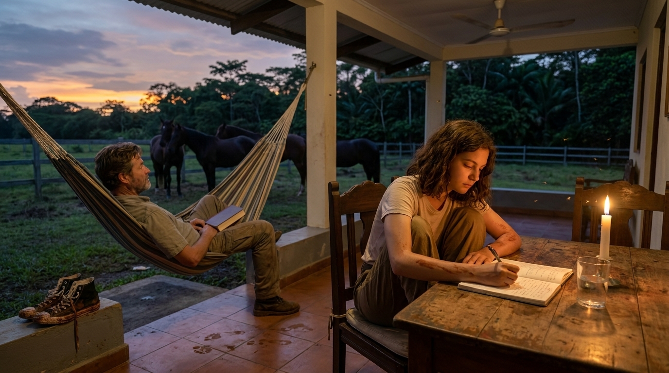 The finca terrace at dusk: Sophie at the wooden table writing in her notebook by candlelight, mud-caked Converse left on the floor beside her. Papa in the hammock to the left, a book on his chest, not reading, looking out at the pasture where two dark horses stand at the far fence. The sky behind the treeline is orange fading to purple.