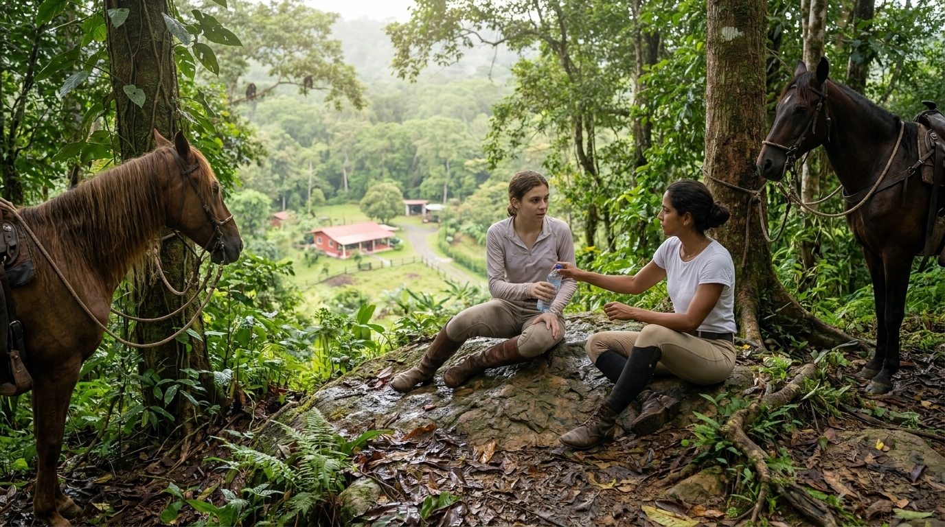 Sophie and Valentina sitting on a flat rocky outcrop with a view through the canopy to the valley below, water bottles in hand, the valley hazy and green in the morning light.