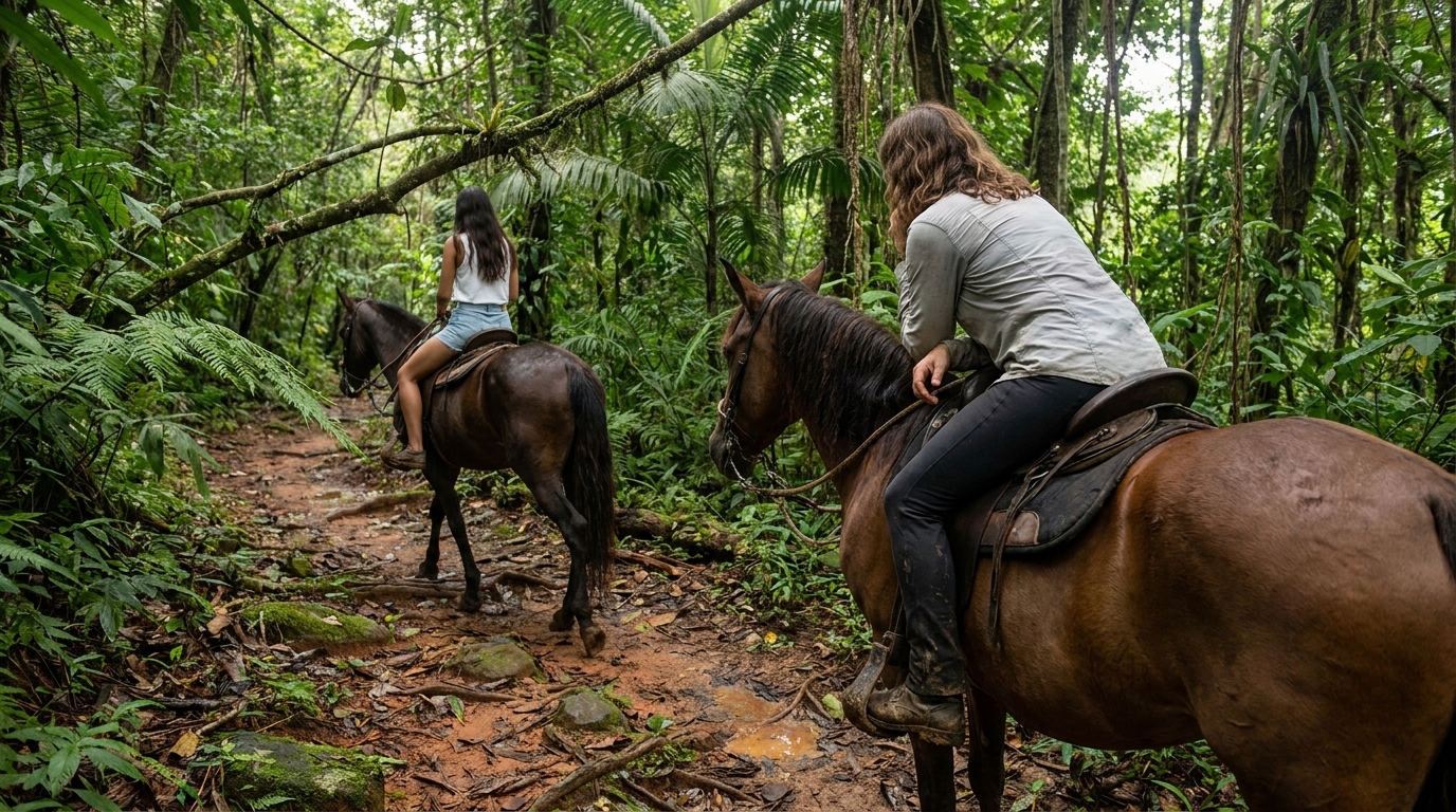 Sophie on Reina, alone on the trail, leaning forward with her forearms on the horse's neck and her face close to the horse's ear. The forest presses in around them, green and quiet.