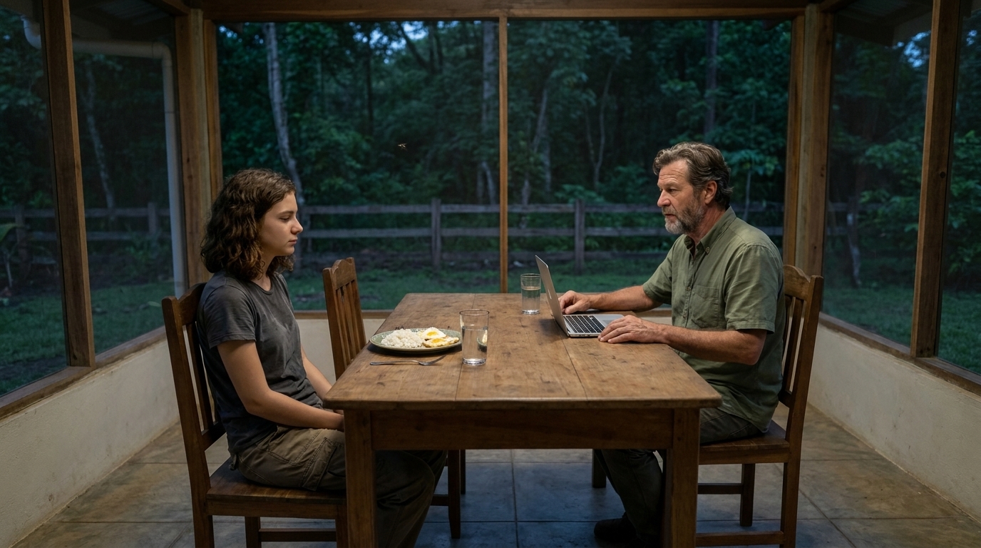 The finca terrace at dusk. Stefan and Sophie at the outdoor table with a simple meal — two plates, glasses of water. Both looking slightly away from each other. The forest beyond the fence going dark.