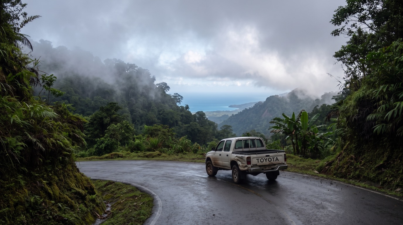 The mountain road into Guna Yala at first light: a white Toyota on wet pavement between steep green slopes, with cloud lifting from the trees and a strip of Caribbean blue below.