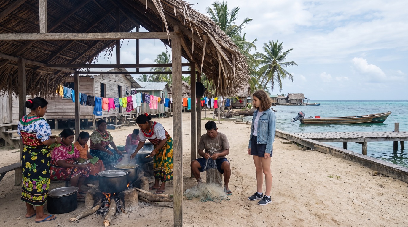 A small Guna island in late morning: a family prepares food under an open-sided roof while Sophie stands slightly apart, taking in the bright textiles, the sea, and the unfamiliar place.