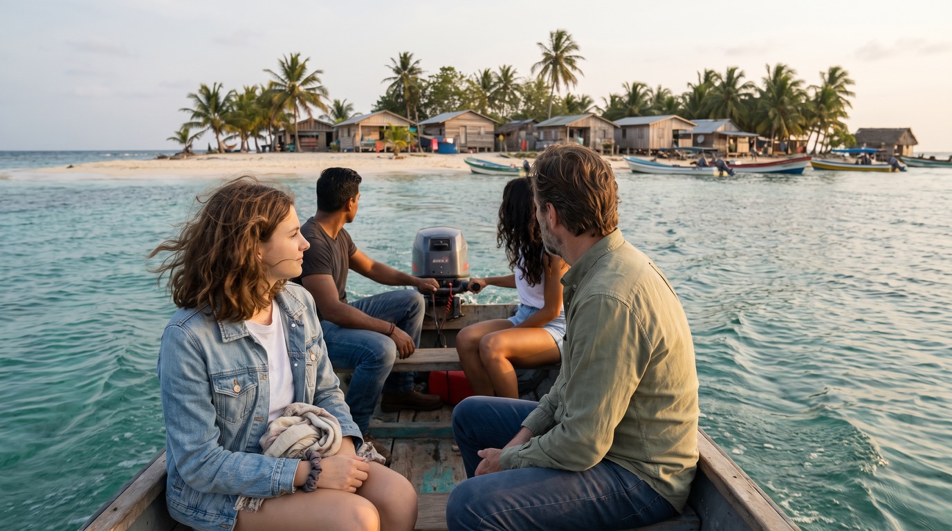 A lancha leaves a small Guna island in late afternoon. Sophie looks back toward the receding shore with a folded cloth bundle on her lap, while Stefan sits beside her and Mateo and Valentina are near the engine.