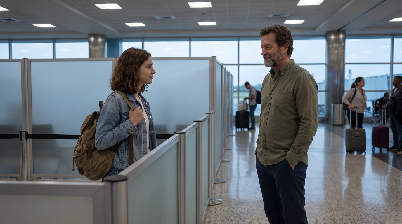 Tocumen departures hall at first light: Sophie stands just beyond airport security with her backpack and denim jacket while Stefan remains behind the barrier.