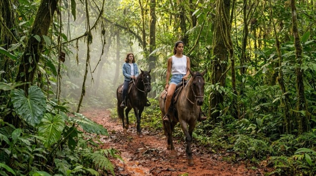 Sendero de bosque a caballo — Valentina guiando a Sophie por una trocha de lodo rojo bajo un dosel verde y denso.