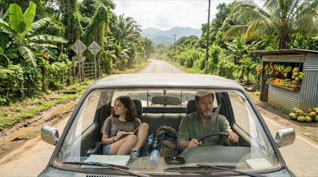 Interamericana hacia el este — un verde imposible devora la carretera mientras Sophie y Stefan avanzan hacia Chepo.