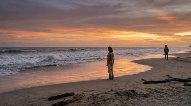 Pacífico al atardecer — Sophie en la orilla con Stefan detrás, la playa lavada por luz de cobre y violeta.